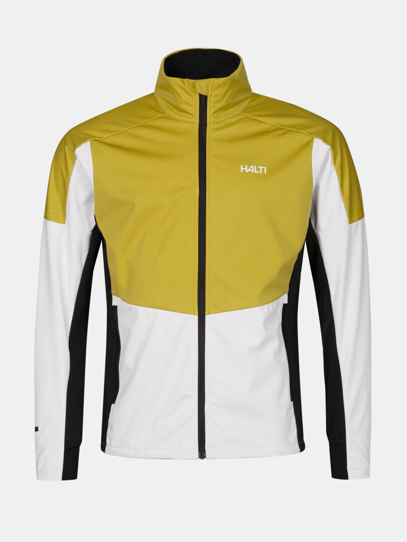 The Halti Framover XCT Jacket Men's is windproof with yellow shoulders, white sleeves, black sides, and a full zip.