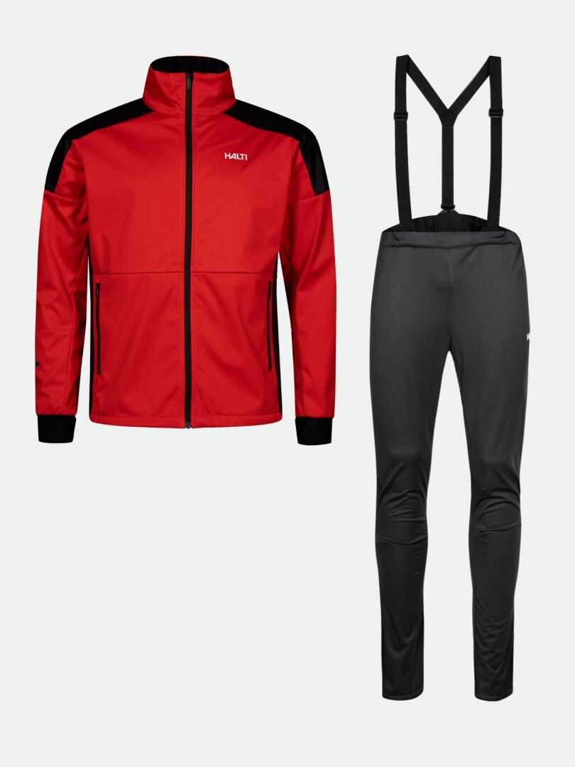 Halti Huuru XC Set Men's: red jacket with black accents, zippered pockets, black pants with suspenders.