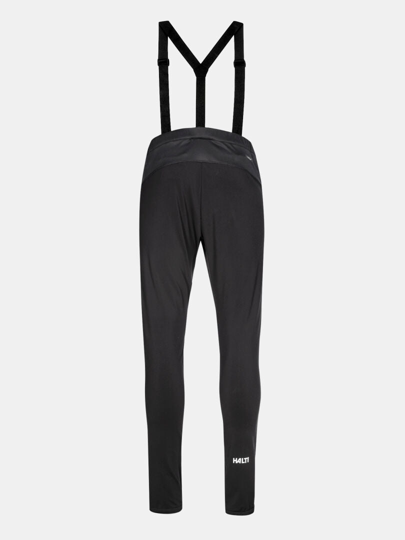 Halti Huuru XC Set Men's black windproof pants with suspenders and a small white logo on a plain background.