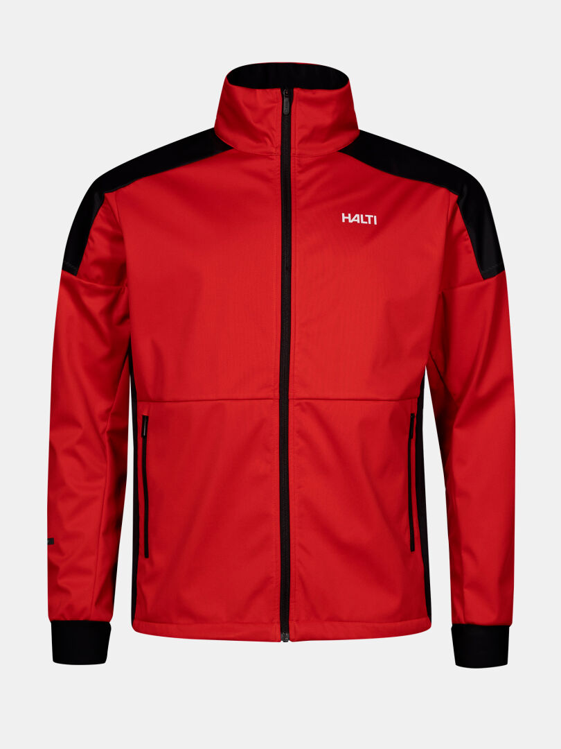 The Halti Huuru XC Set Men's is a red windproof zip-up with black accents, perfect for cold-weather training.