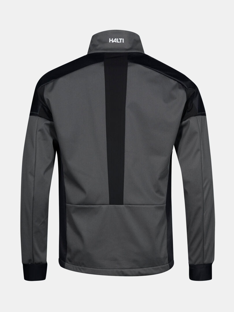 Gray and black Halti Huuru XC Set Men's windproof jacket with high collar and logo on the back neck.