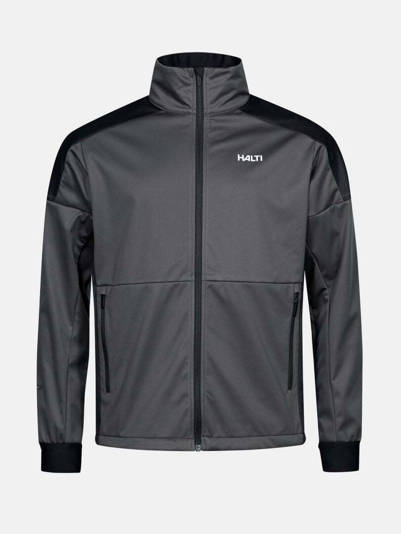 The Halti Huuru XC Set Men's jacket is gray, windproof, with black details, side pockets, and a logo on the chest.