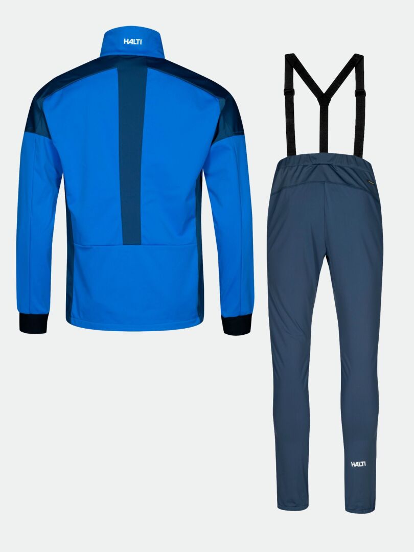 The Halti Huuru XC Set Men's: blue and black softshell jacket and suspenders pants, shown from the back.