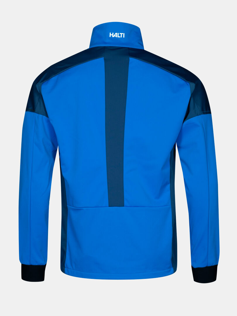 The Halti Huuru XC Set Men's is a blue windproof jacket with black cuffs, dark accents, and