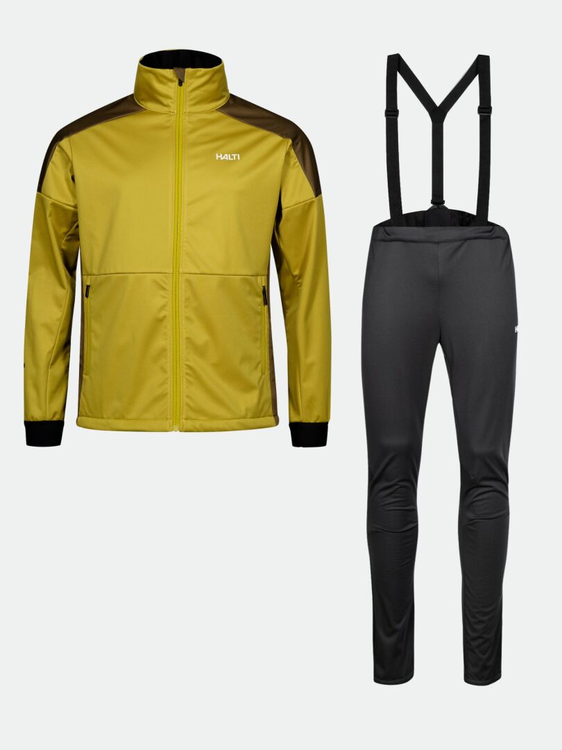 Halti Huuru XC Set Men's: yellow zip-up jacket & black pants with suspenders—windproof for cold-weather training.