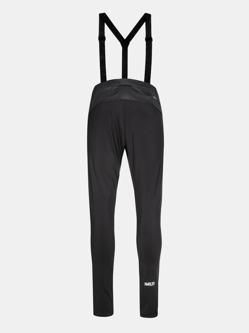 Back view of Halti Huuru XC Set Men's bib pants with suspenders, ideal for cold-weather training, on white background.