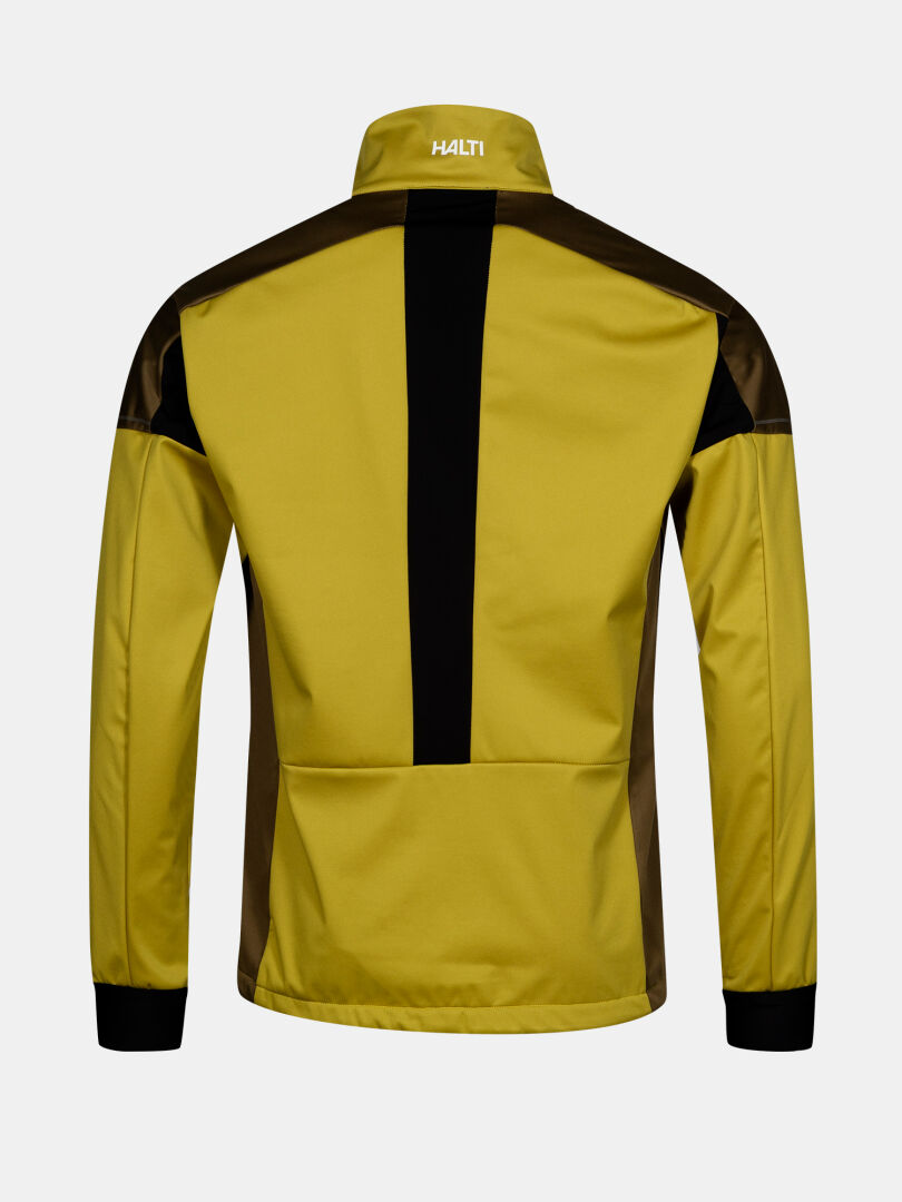 The Halti Huuru XC Set Men's windproof yellow jacket features black accents, a stand-up collar, and logo on the back neck.