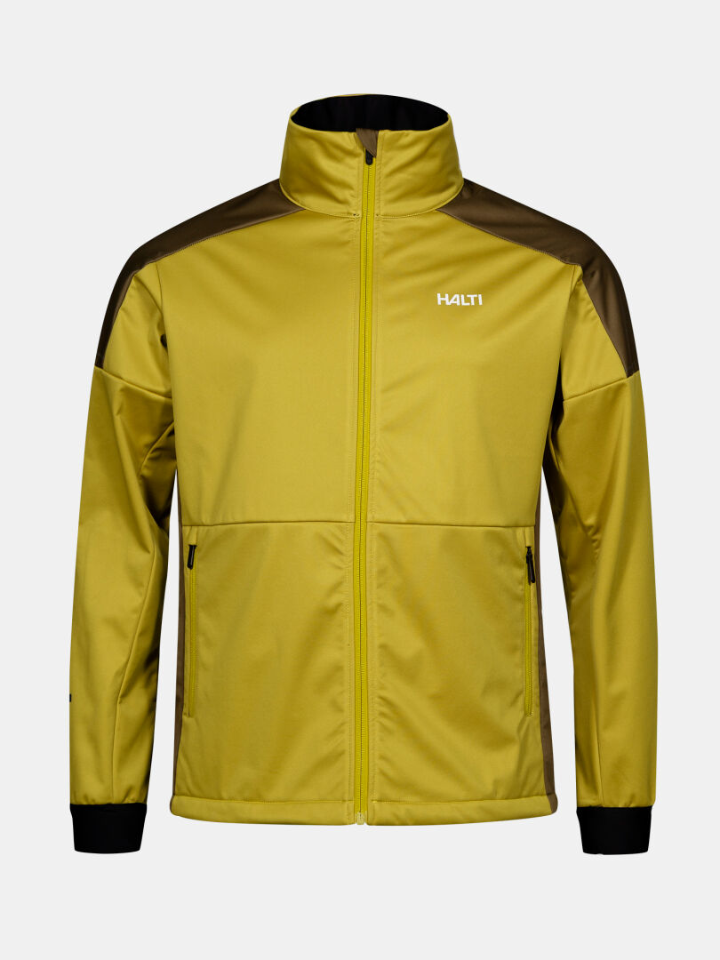 The Halti Huuru XC Set Men's jacket is yellow, windproof, with black shoulder accents and a logo on the left chest.