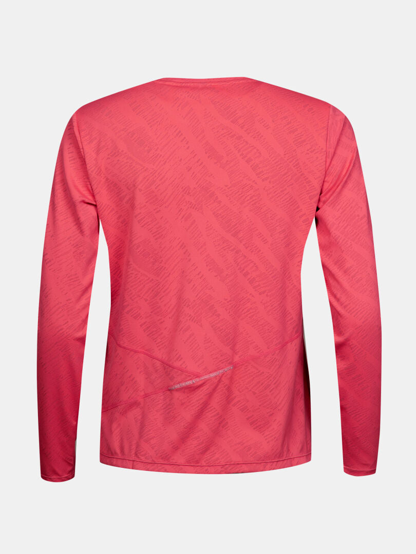 Back view of Halti Oulanka Training Shirt Women's has subtle patterns and a reflective strip near the waist.