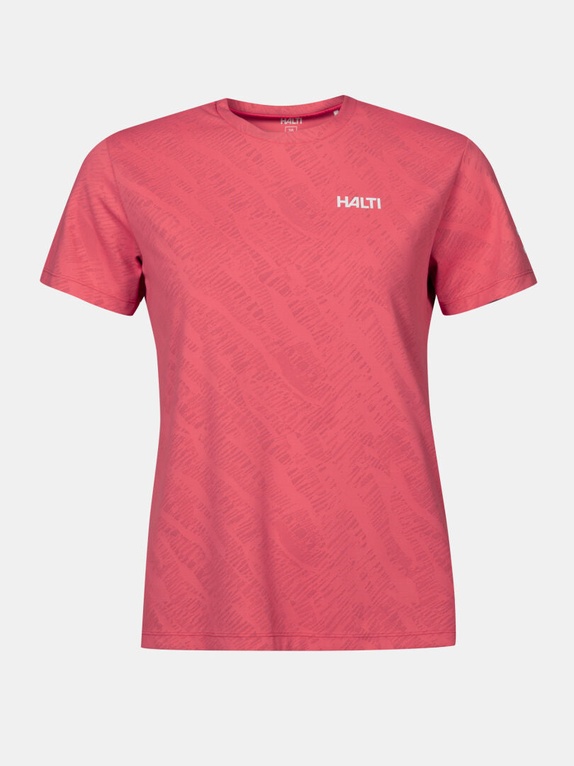 Halti Oulanka T-shirt Women's: pink, short-sleeved, breathable, moisture-wicking fabric with subtle pattern and logo.