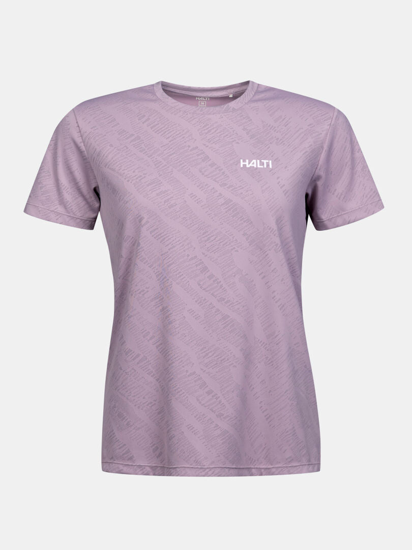 Halti Oulanka T-shirt Women's in light purple with subtle pattern and UPF 50+ protection, featuring the Halti logo.