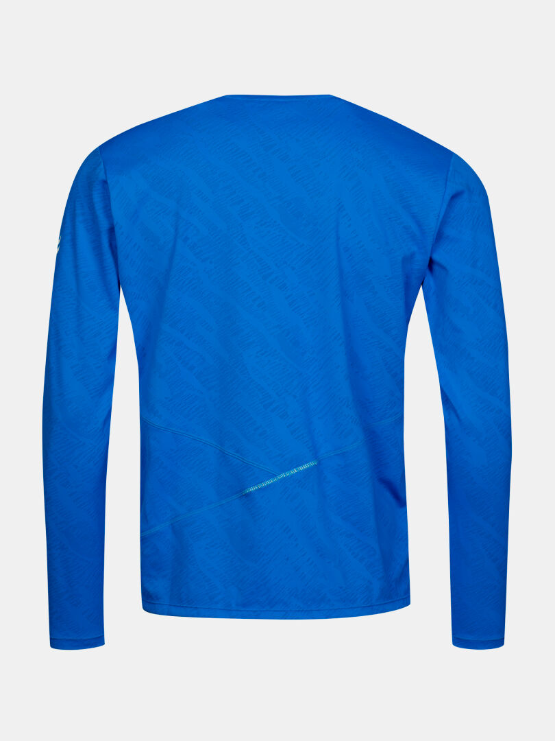 The Halti Oulanka Training Shirt Men's in bright blue, long sleeves, subtle patterns, no visible logos, shown from the back.