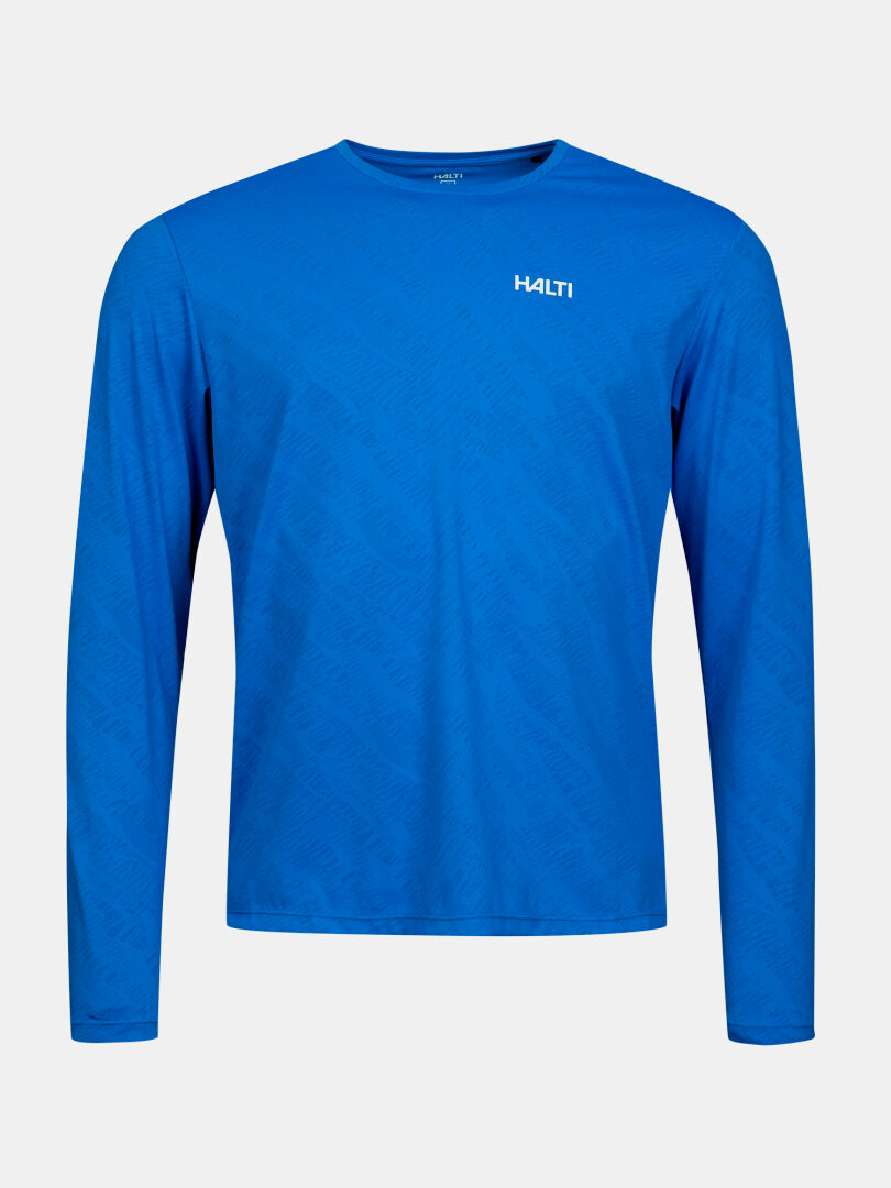 The Halti Oulanka Training Shirt Men's is a blue, moisture-wicking long sleeve with a small white logo on the chest.