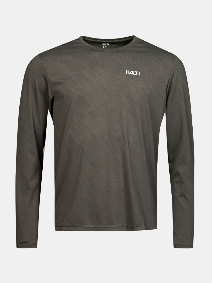 Halti Oulanka Training Shirt Men’s in olive green, long sleeve with UPF 50+ and logo, shown on plain background.