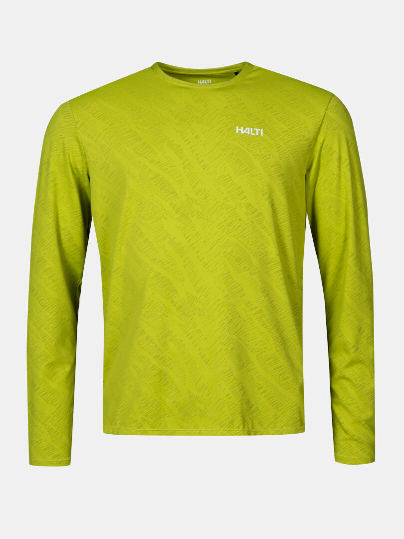 The Halti Oulanka Training Shirt Men's is a bright green, UPF 50+ long-sleeve top with a subtle pattern and logo.
