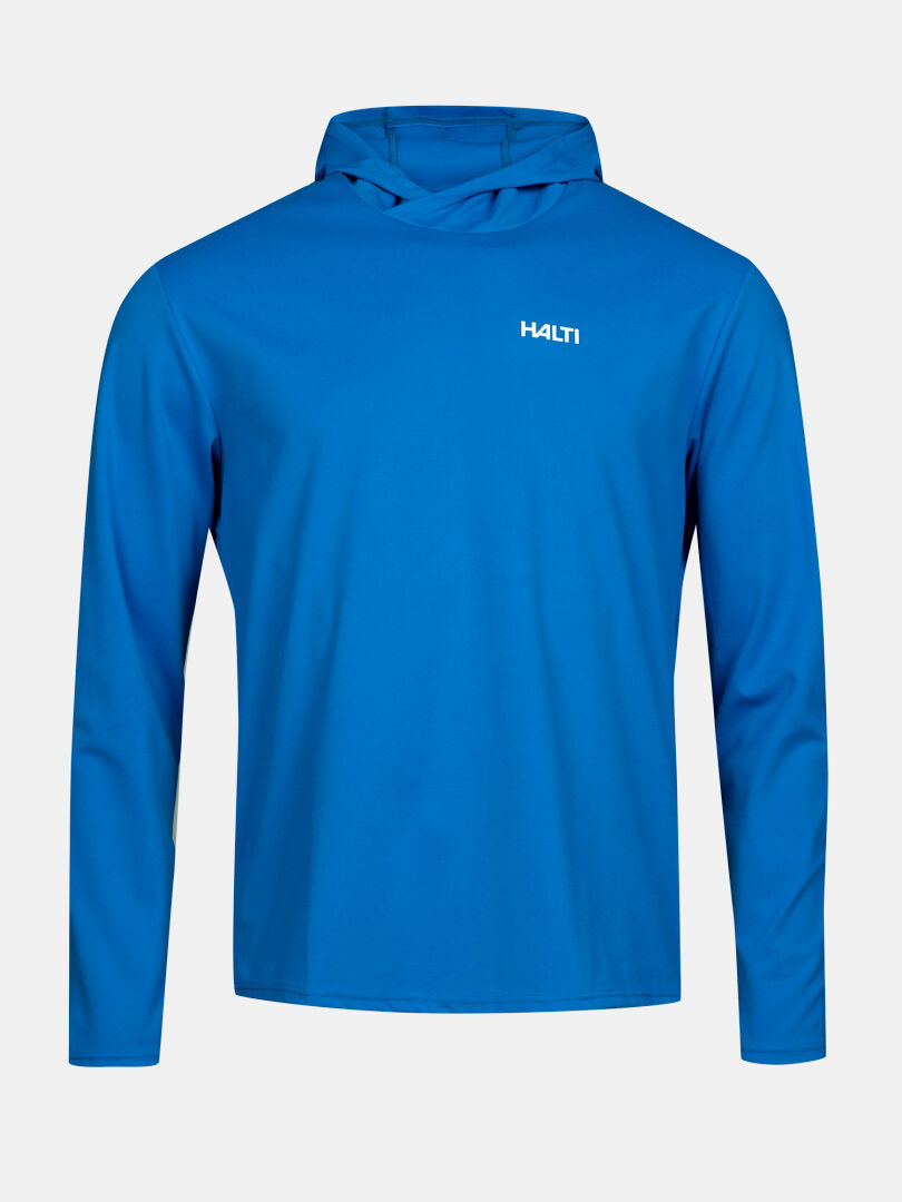 Halti Kaltio Training Hoodie Men's in bright blue with logo, long sleeves, displayed on a plain background.