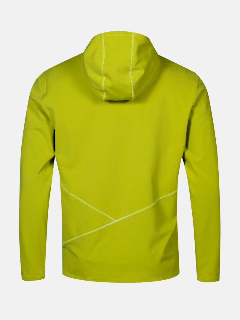 Halti Kaltio Training Hoodie Men's in lime green, shown from the back with white seams and long sleeves.