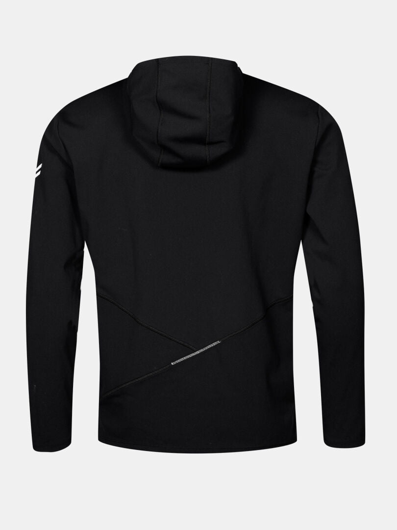 The Halti Kaltio Training Hoodie Men's, shown from the back, features subtle seams and a small reflective strip lower back.