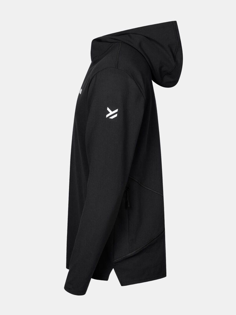 Halti Kaltio Training Hoodie Men's in black, left side view with white sleeve logo and zippered pocket.
