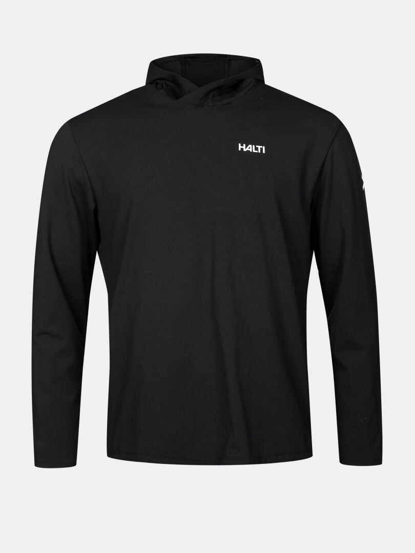 Halti Kaltio Training Hoodie Men's in black, moisture-wicking with chest logo, shown on a plain light background.