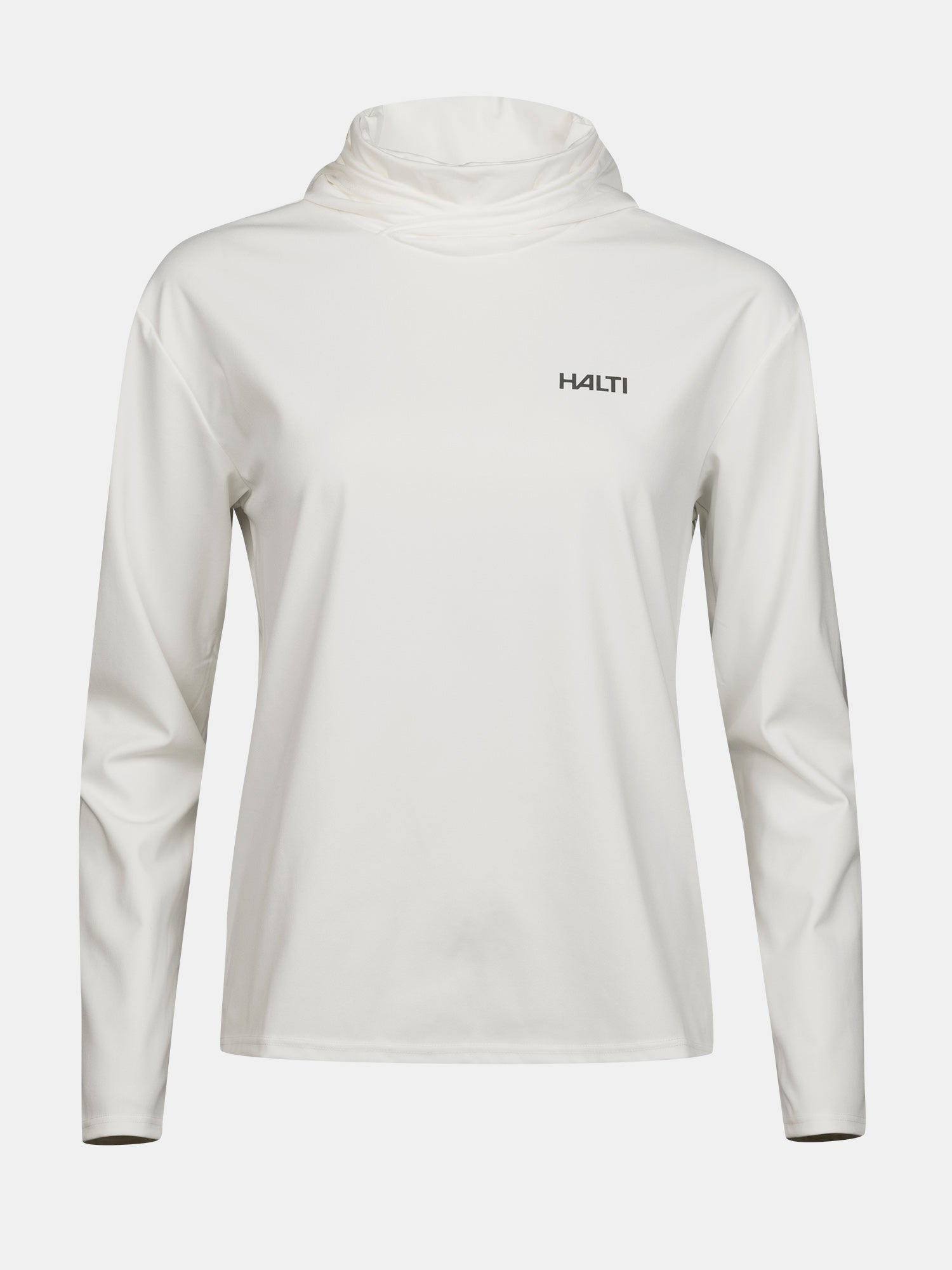 Halti Kaltio Training Hoodie Women's: white, long-sleeve, high collar, moisture-wicking, HALTI logo on chest.