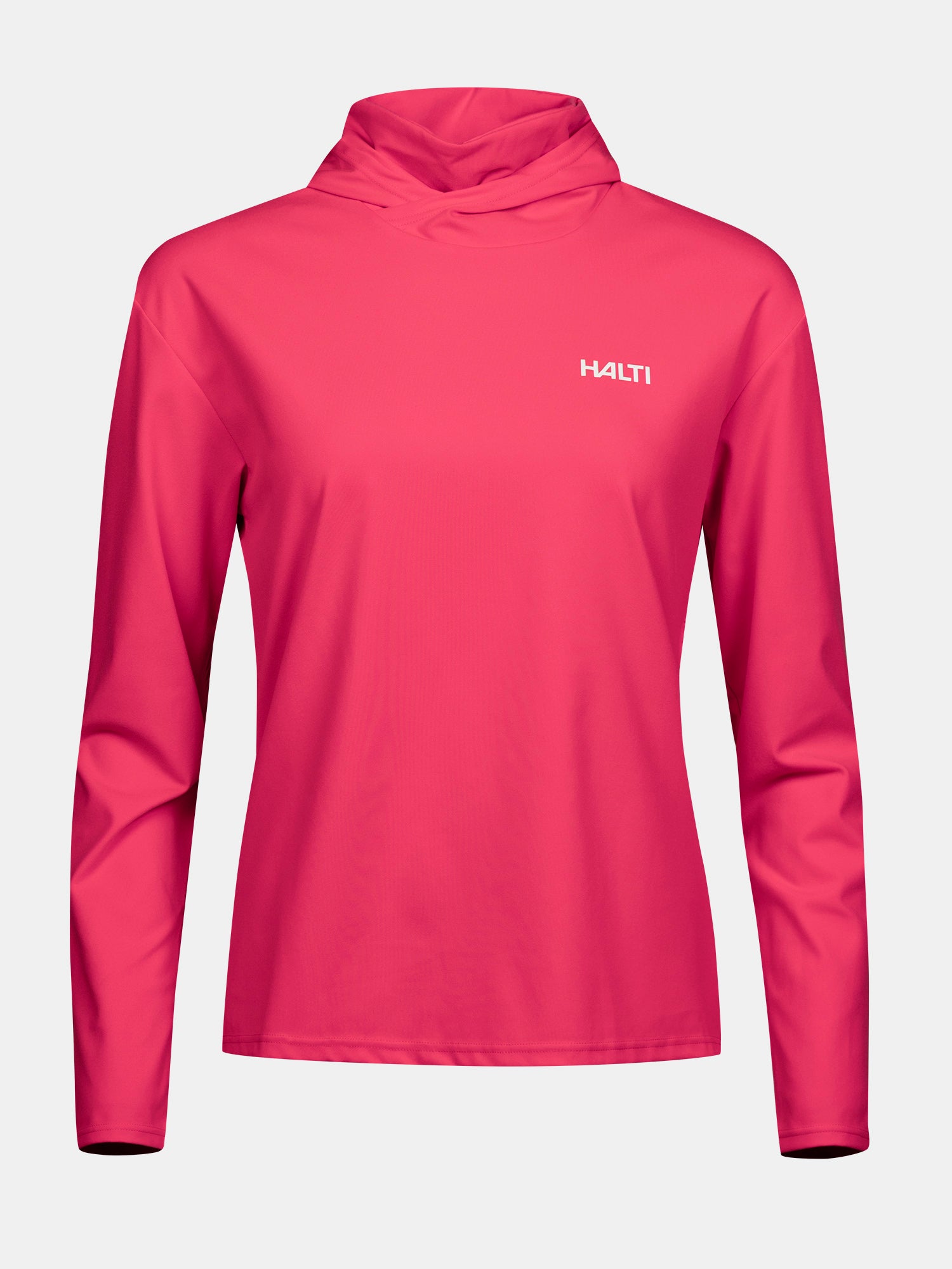 Kaltio Training Hoodie Women's by Halti, long-sleeve, bright pink, UPF 50+, shown on a plain white background.