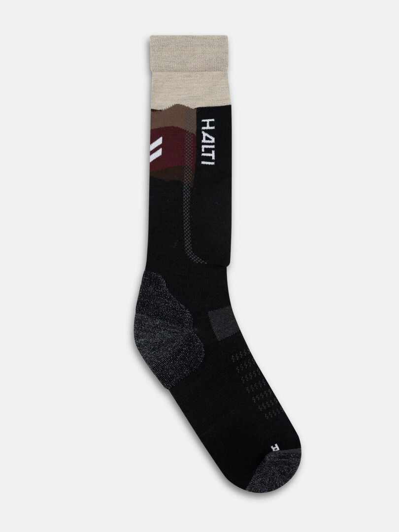Halti Tunturit Ski Socks: single merino wool crew sock with black, brown, beige mountain design and