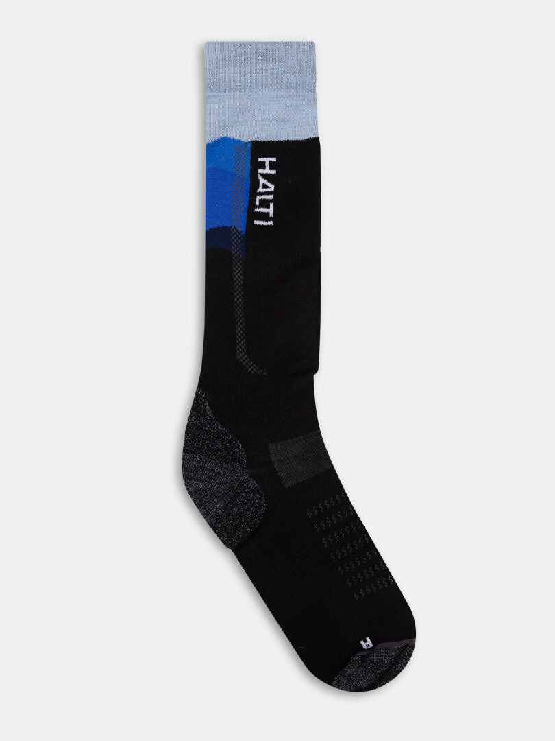 Halti Tunturit single black/blue merino wool ski sock with gray toe/cuff, HAITI and R near the toe.