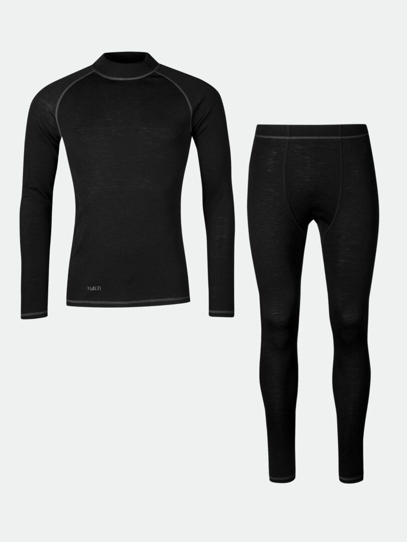 The Halti Neva Merino Base Layer Set Men's in black is displayed on a plain light background.