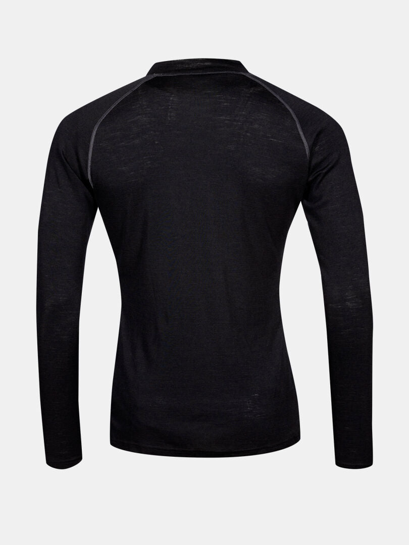 Back view of Halti Neva Merino Base Layer Set Men's in black, fitted with seam details—ideal for outdoor activities.