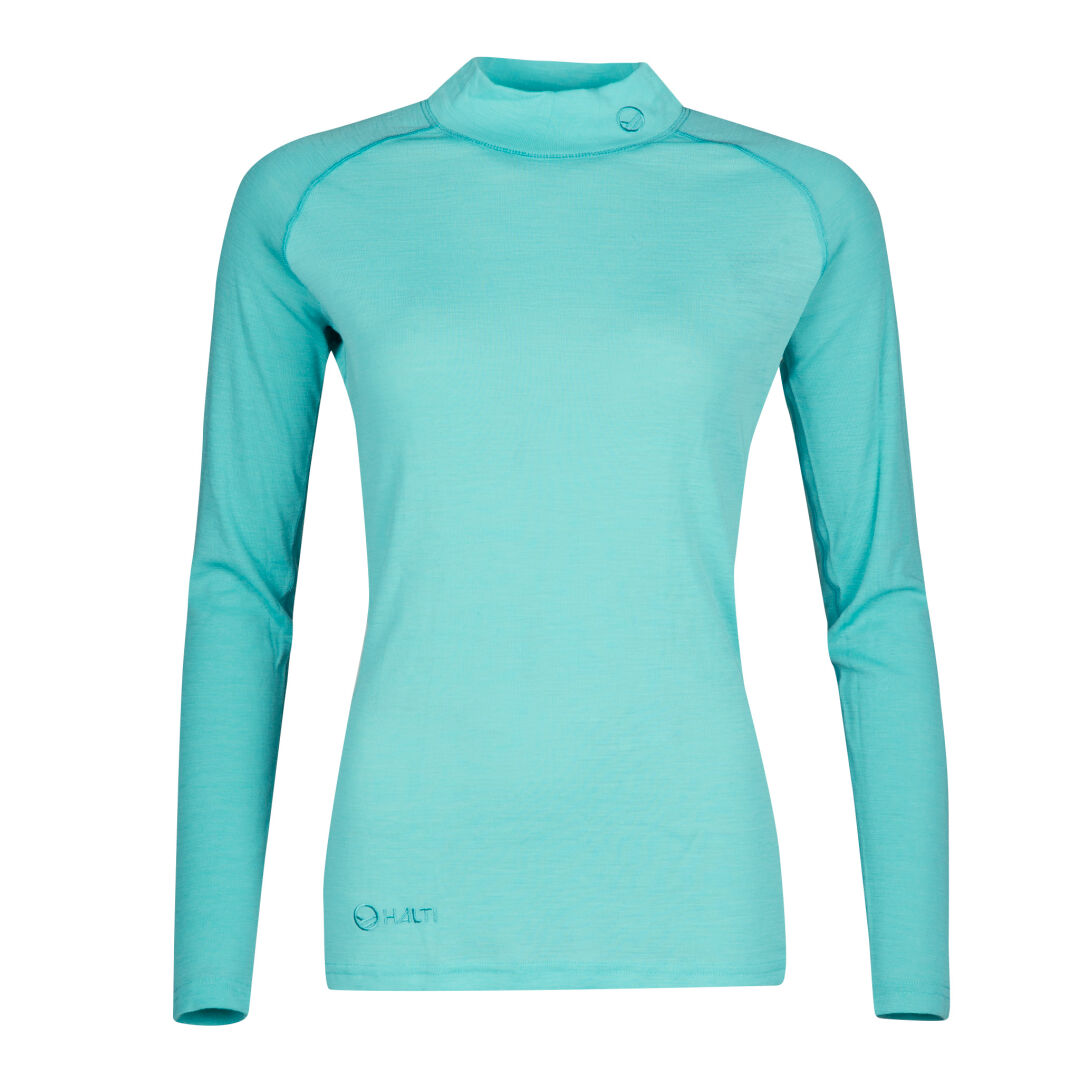 The Halti Neva Merino Base Layer Set Women's is a breathable, long-sleeve shirt ideal for outdoor activities.