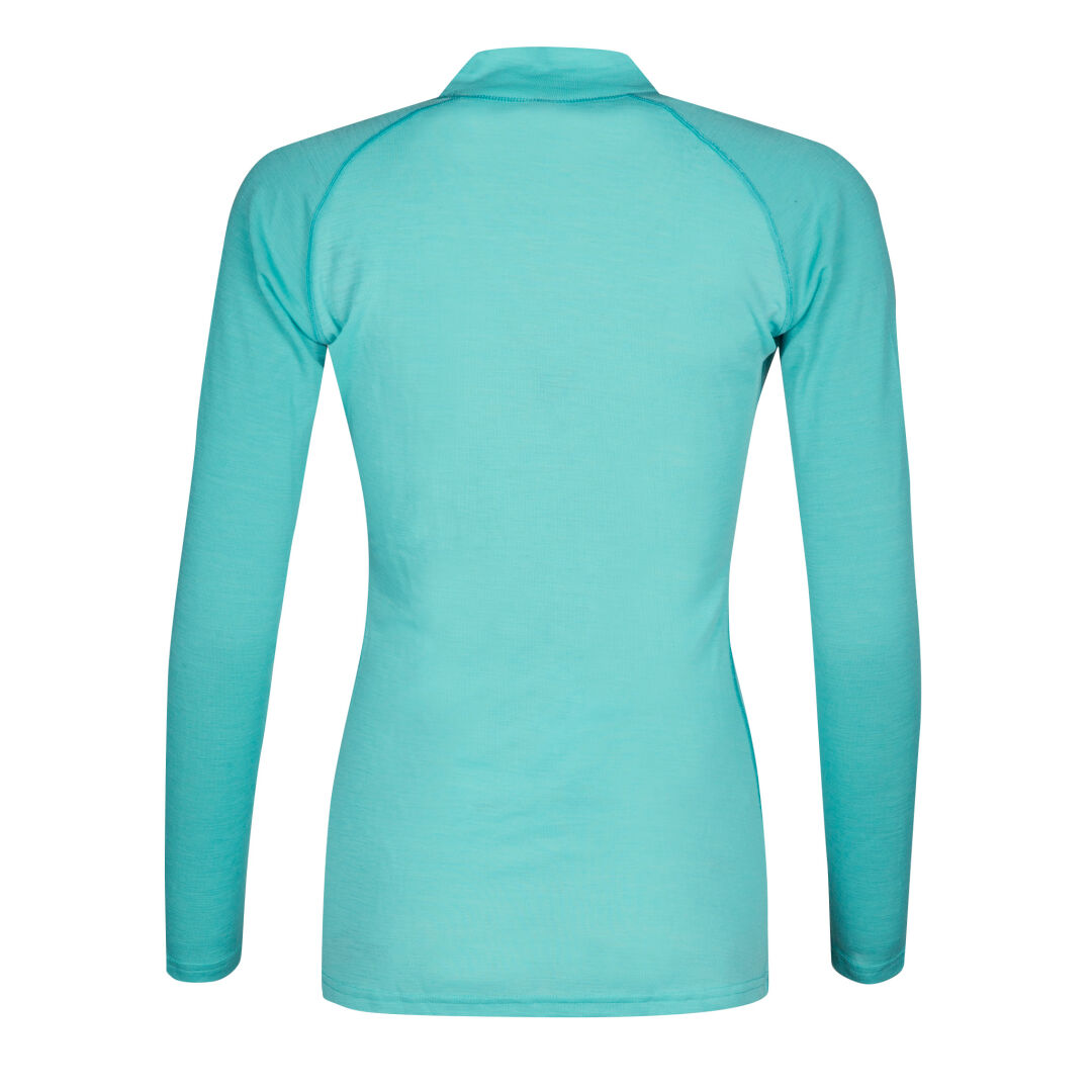 Back view of the Halti Neva Merino Base Layer Set Women's—breathable, fitted, long-sleeve turquoise outdoor shirt.