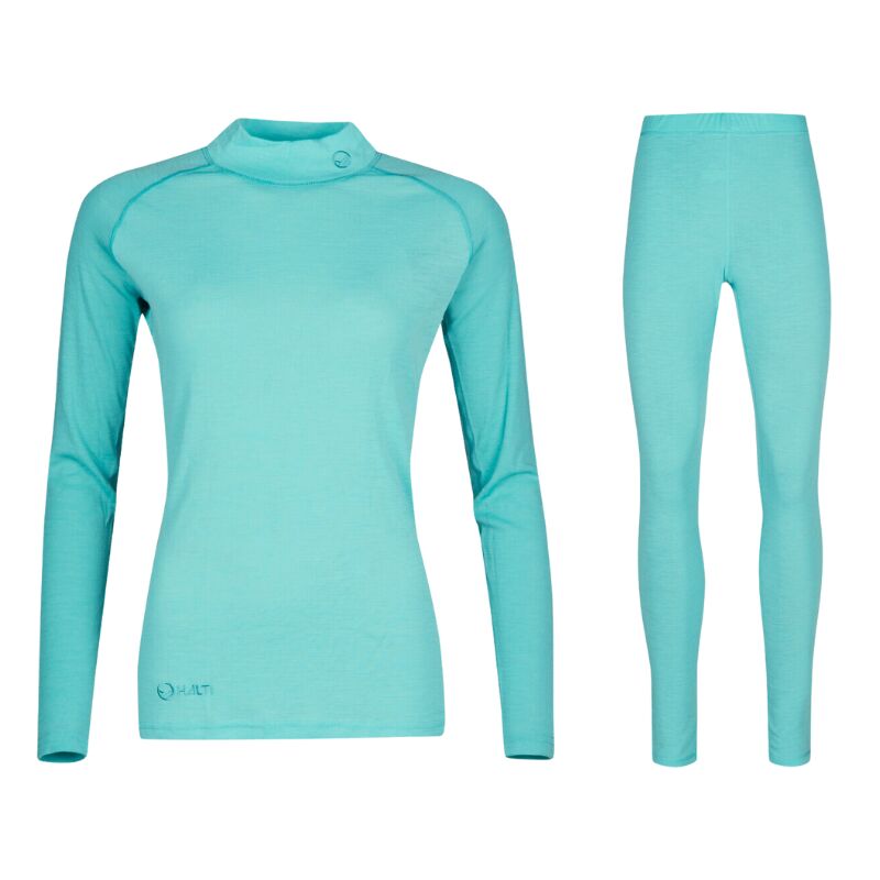 Halti Neva Merino Base Layer Set Women's: aqua blue long-sleeve top and leggings, ideal for outdoor activities.