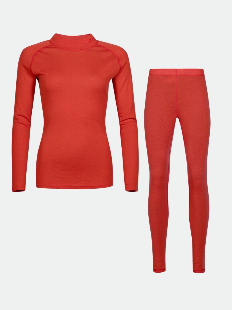 The Halti Neva Merino Base Layer Set Women's, in red, is displayed on a plain light background.