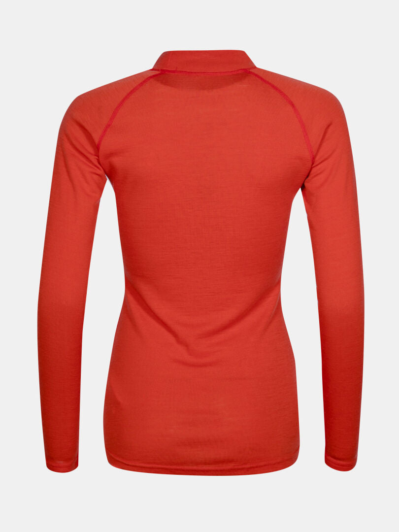 Back view of the Neva merino base layer set women’s, a breathable top with a high collar.