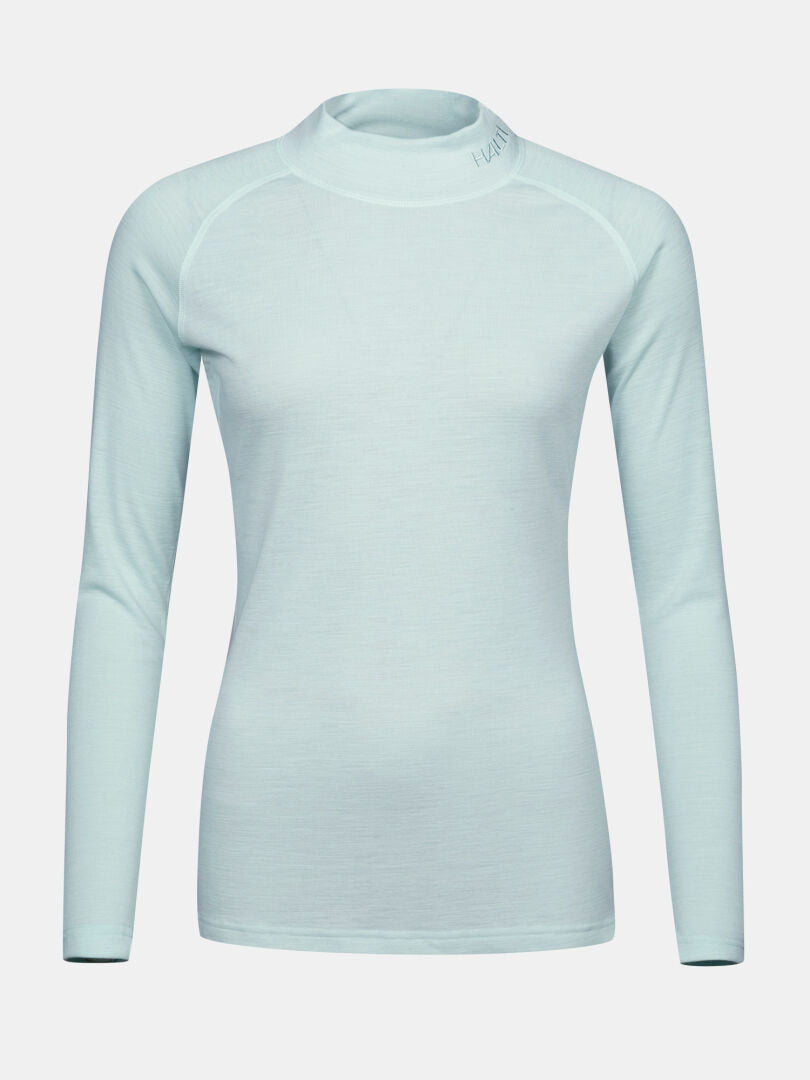 Light blue long-sleeved Neva merino base layer set women’s top with a mock neck.
