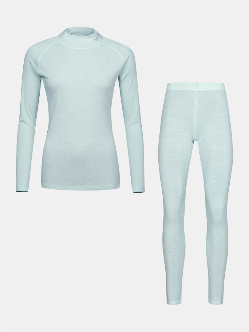Light blue Halti Neva merino base layer set women’s consisting of a long-sleeved mock neck top and matching leggings.