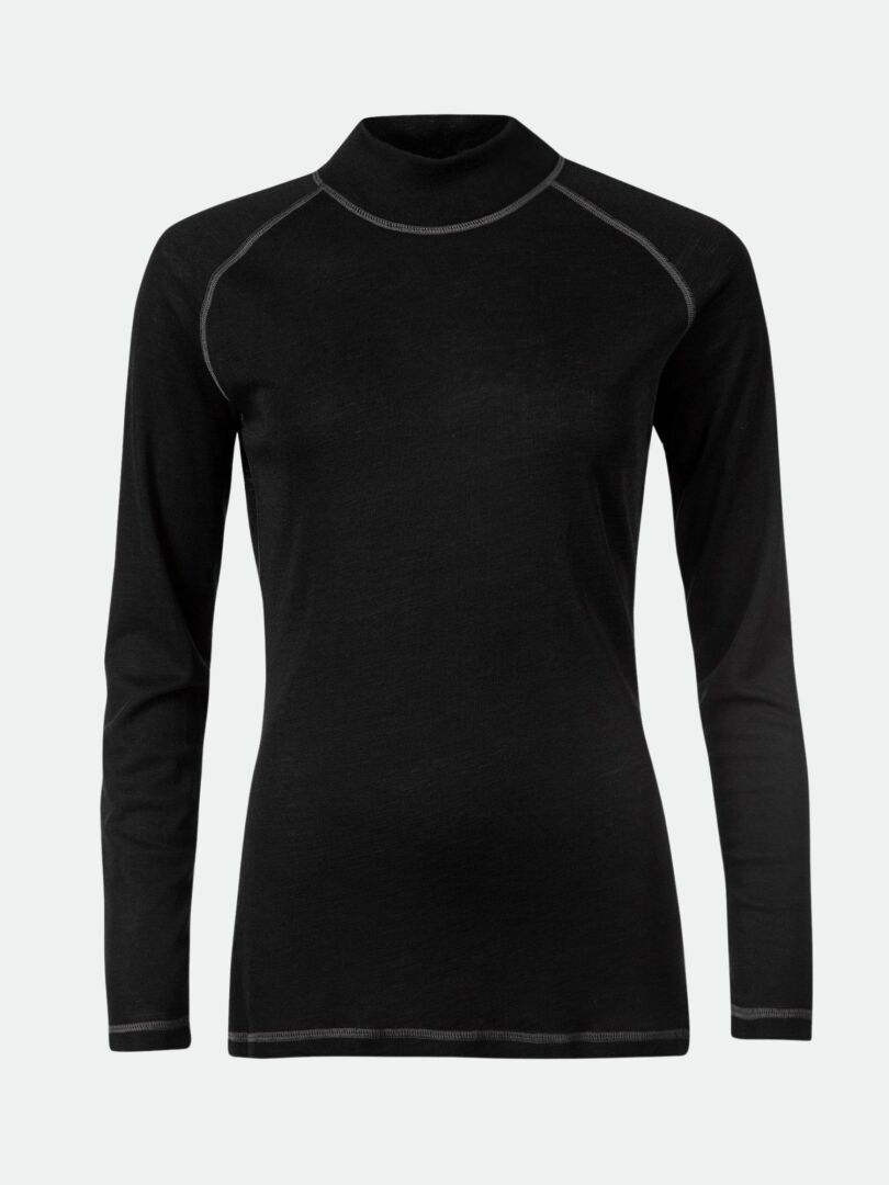 Halti Neva Merino Base Layer Set Women's, black long-sleeve turtleneck with grey stitching on a light background.
