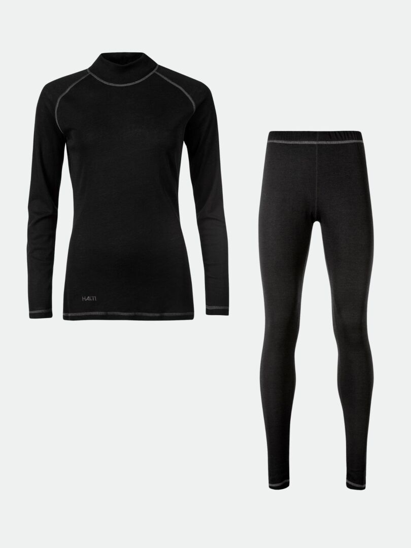The Halti Neva Merino Base Layer Set Women's offers breathable, black thermal shirt and leggings for outdoor wear.