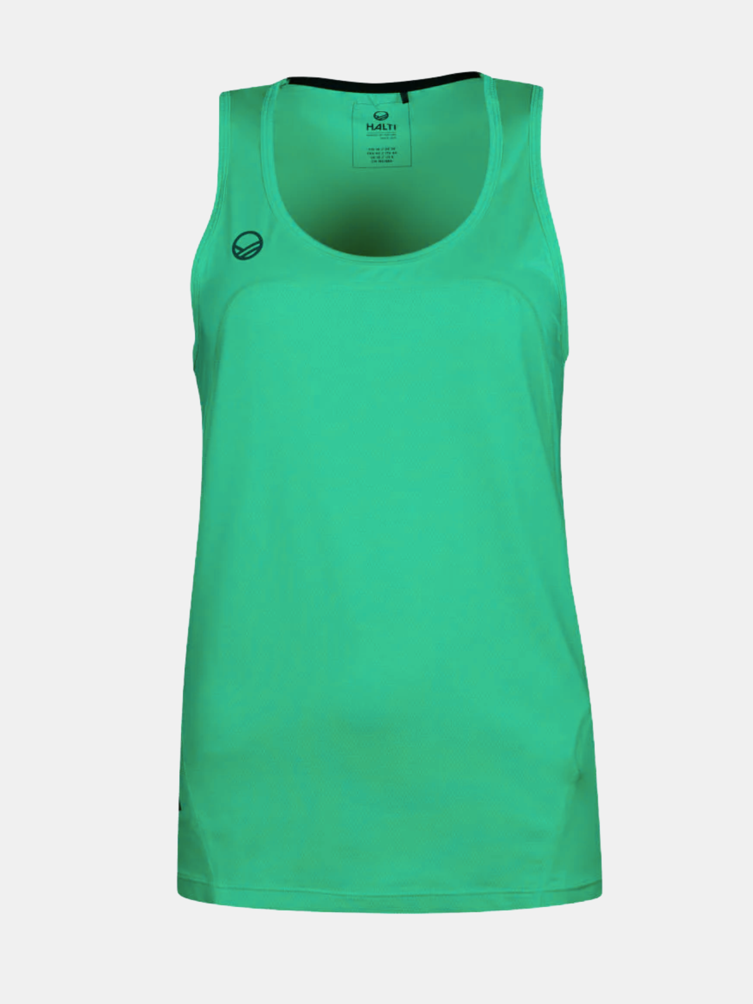 Halti Urbanite Womens Active Dry Top: Sleeveless, bright green, lightweight, moisture-wicking with black chest logos.