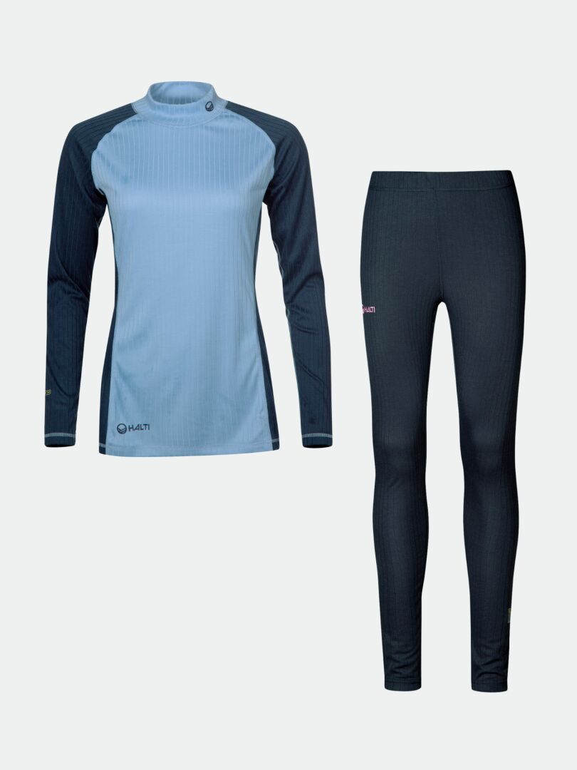 The Halti Dual Base Layer Set Womens in light blue/navy, made with recycled polyester, laid flat on white background.