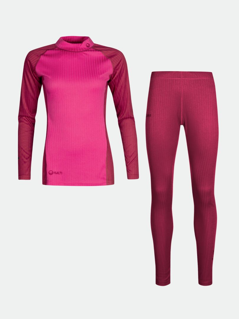 The Halti Dual Base Layer Set Womens in pink, with long sleeves and leggings, is ideal for outdoor adventures.