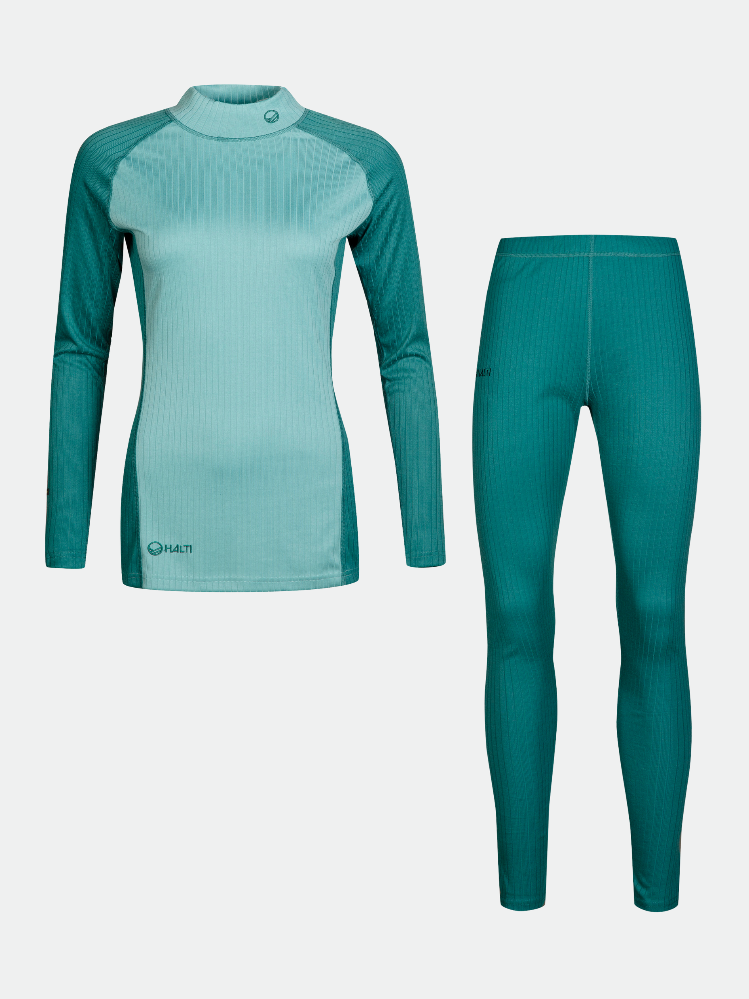 The Halti Dual Base Layer Set Womens features teal and light blue long sleeves with matching leggings for outdoor adventures.