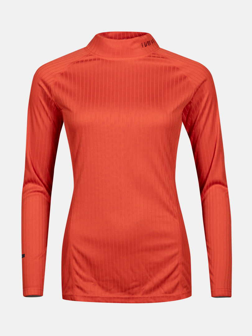 Halti Dual Base Layer Set Womens: bright orange recycled polyester, subtle stripes, mock neck—perfect for outdoor adventures.