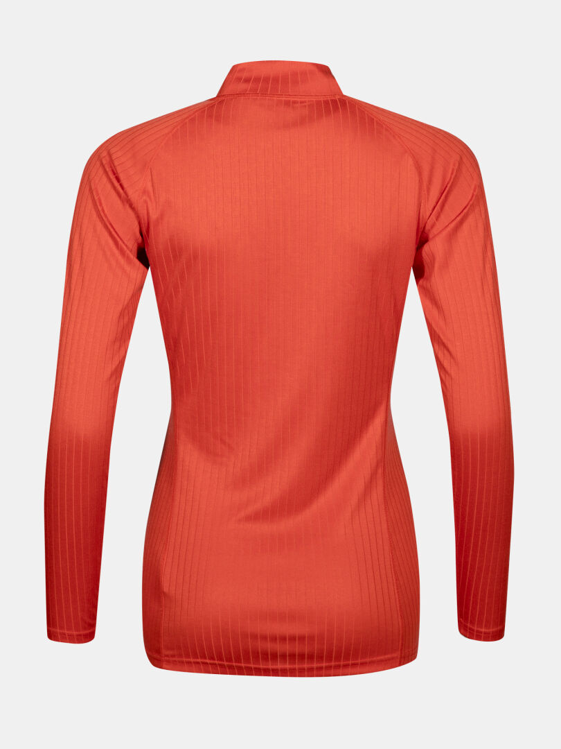 Back view of Halti Dual Base Layer Set Womens, long-sleeve orange design with high collar and subtle vertical ribbing.