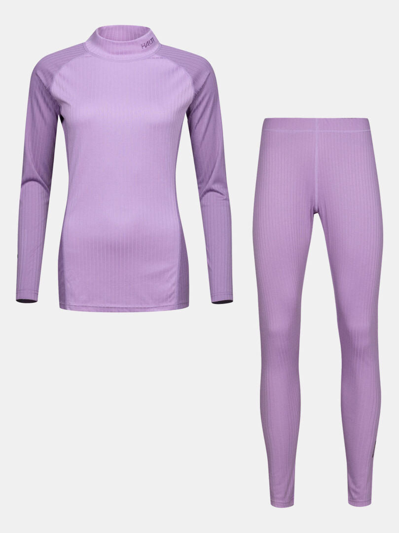 Halti Dual Base Layer Set Women's in lavender recycled polyester, ideal for adventures, displayed on a minimal backdrop.