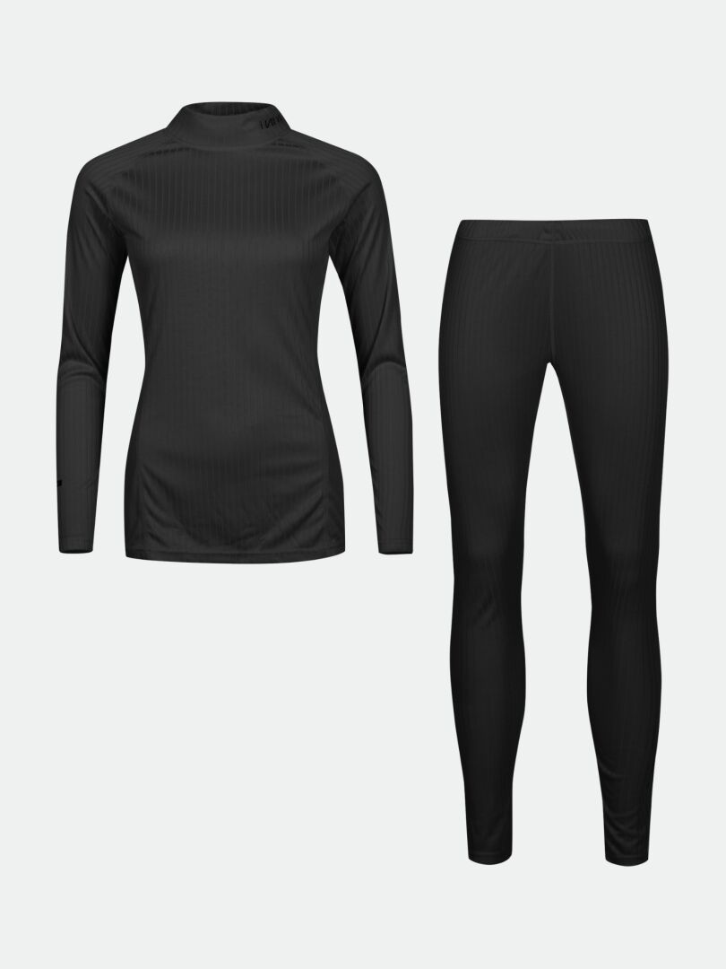 Halti Dual Base Layer Set Womens in black, made from recycled polyester, ideal for outdoor adventures.