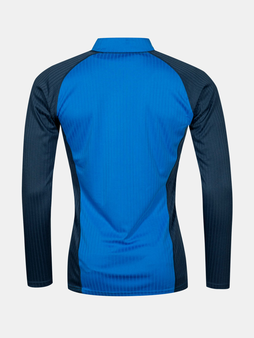 Back view of Halti Dual Base Layer Set Men's with blue panel and dark recycled polyester sleeves, ideal for outdoors.