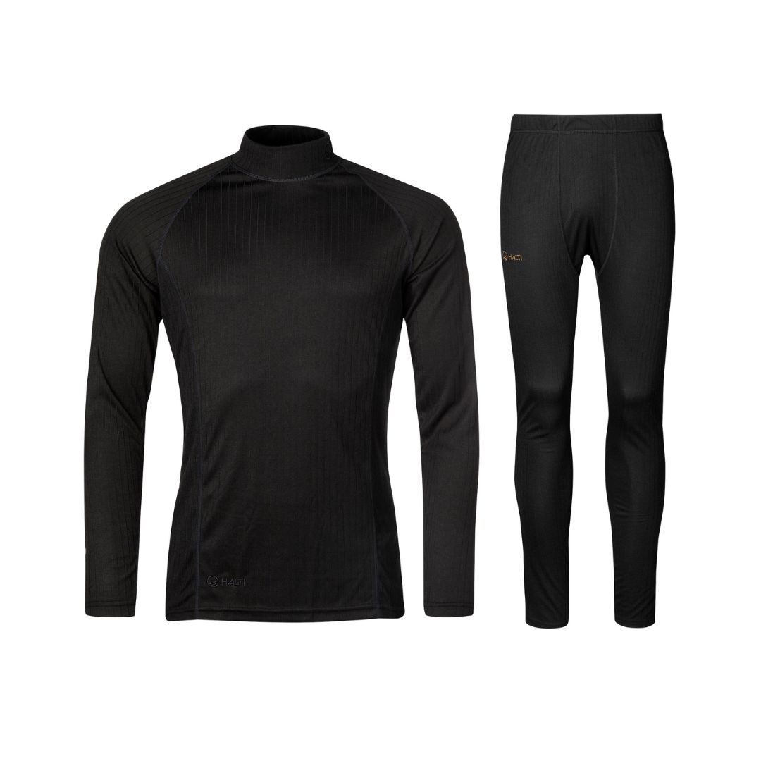 Halti Dual Base Layer Set Men's in black recycled polyester, ideal for outdoors, shown on a white background.
