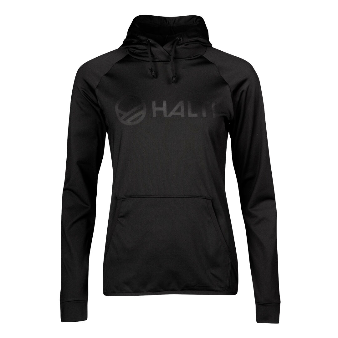 Halti Veidnes Womens black long-sleeve hoodie with front pocket, drawstrings, and logo; made from recycled fabric.